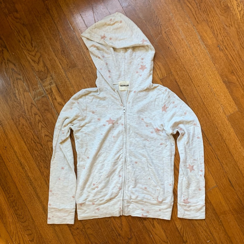 Monrow grey hoodie zip up sweatshirt pullover with faded red stars NWOT Sz Small